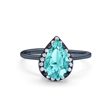 Teardrop Pear Wedding Ring Black Tone, Simulated Paraiba Tourmaline CZ 925 Sterling Silver